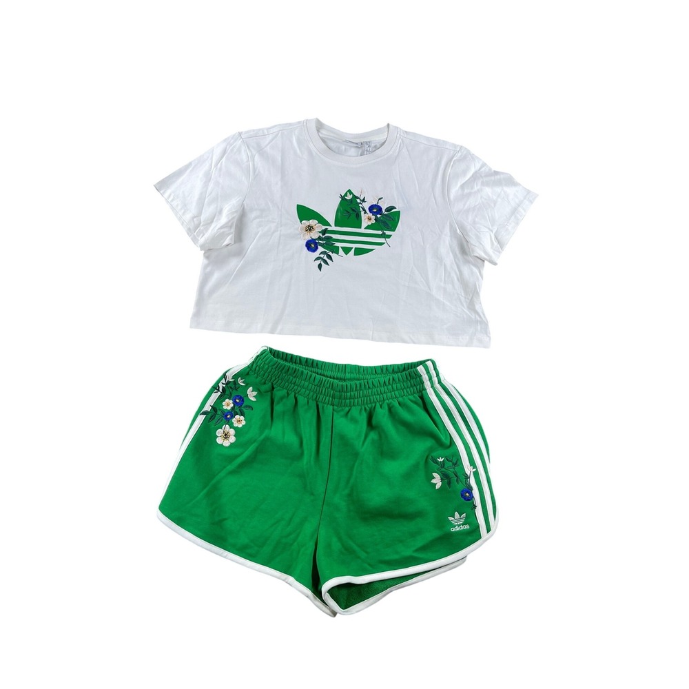 Adidas Originals Floral Crop Tee and Shorts Set Green White IS3870 IT7272 Medium